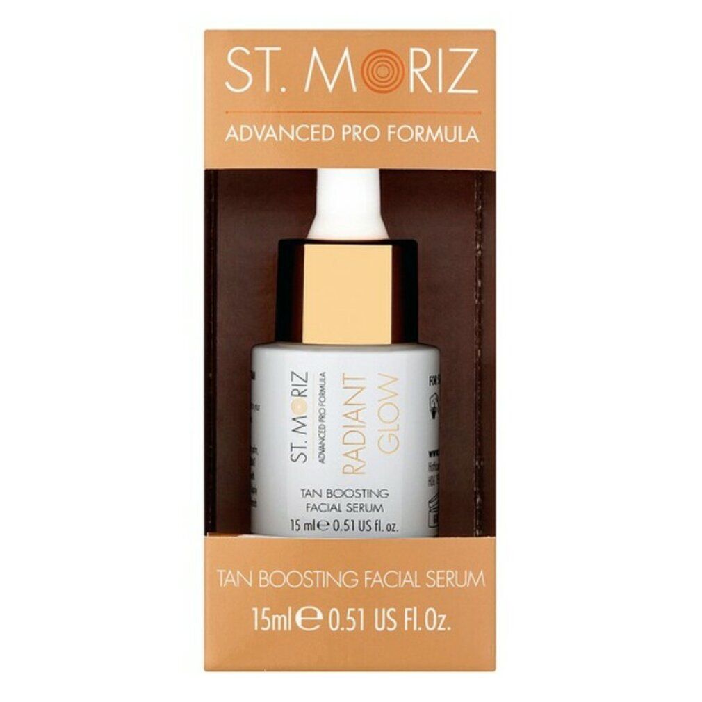 Gesichtsserum in Verpackung. Flasche mit goldener Kappe. Text: St. Moriz, Radiant Glow, Tan Boosting Facial Serum.