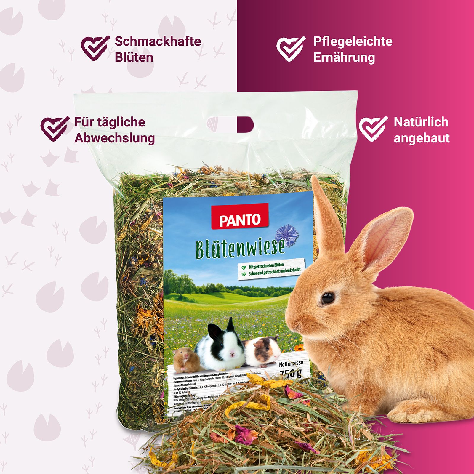 PANTO Blütenwiese in transparenter Verpackung. Produktname, Illustration und Gewichtsangabe. Kaninchen neben der Verpackung.