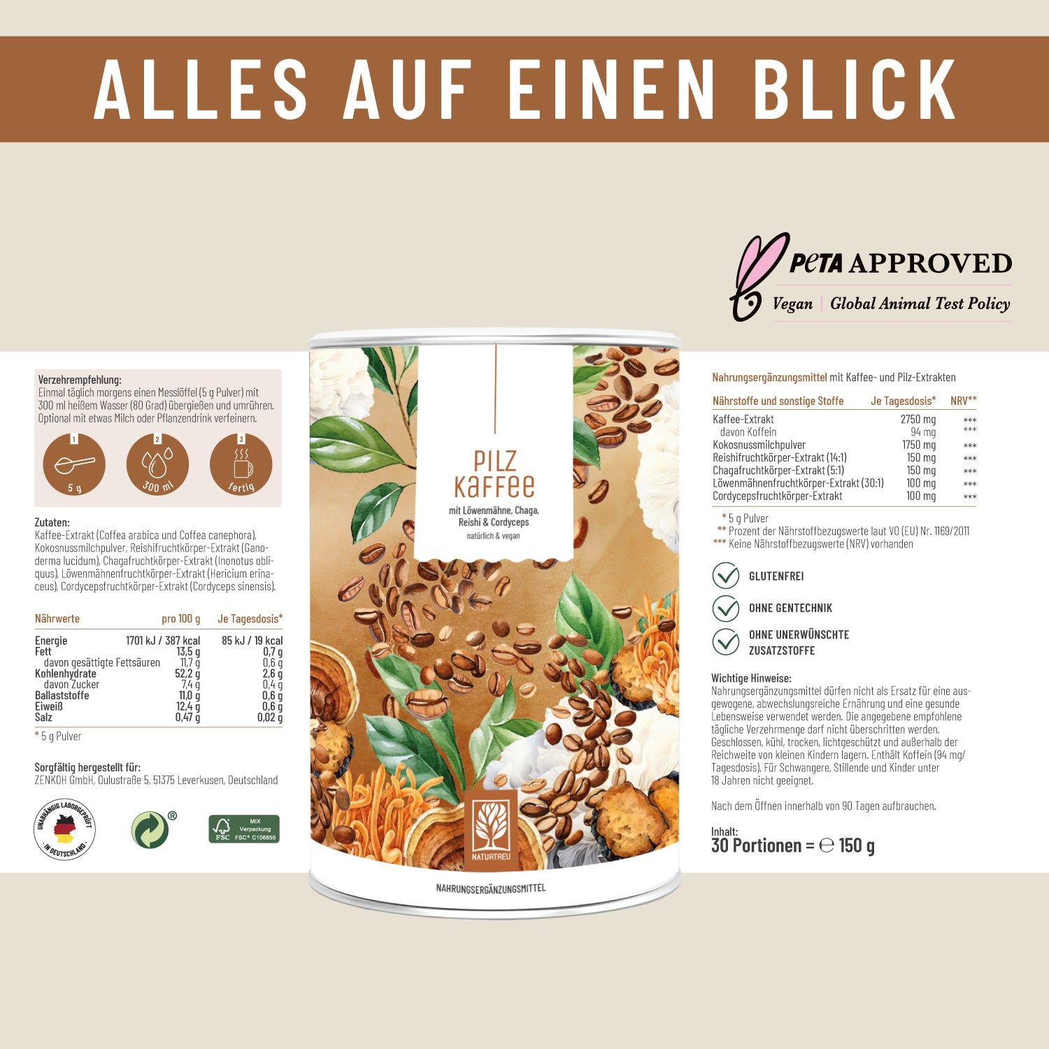 Dose Pilzkaffee mit Zutatenliste und Nährwertangaben. PETA-Siegel. Text: 30 Portionen = 150 g. Enthält Gluten, ohne Zuckerzusatz, ohne Aromen.