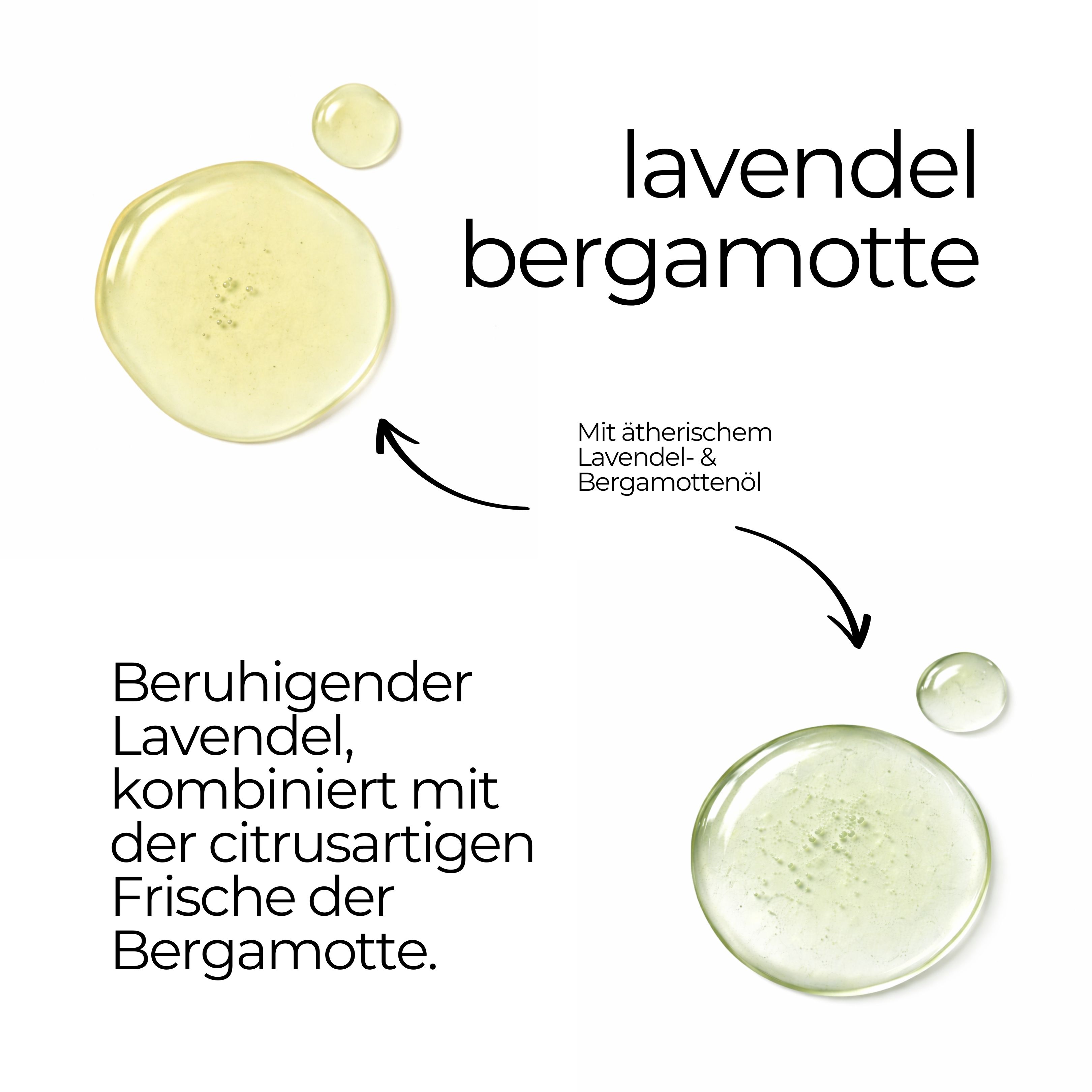 Zwei gelbe Flüssigkeitstropfen. Text: Lavendel Bergamotte. Mit ätherischem Lavendel- & Bergamottenöl. Beruhigender Lavendel, kombiniert mit der Frische der Bergamotte.