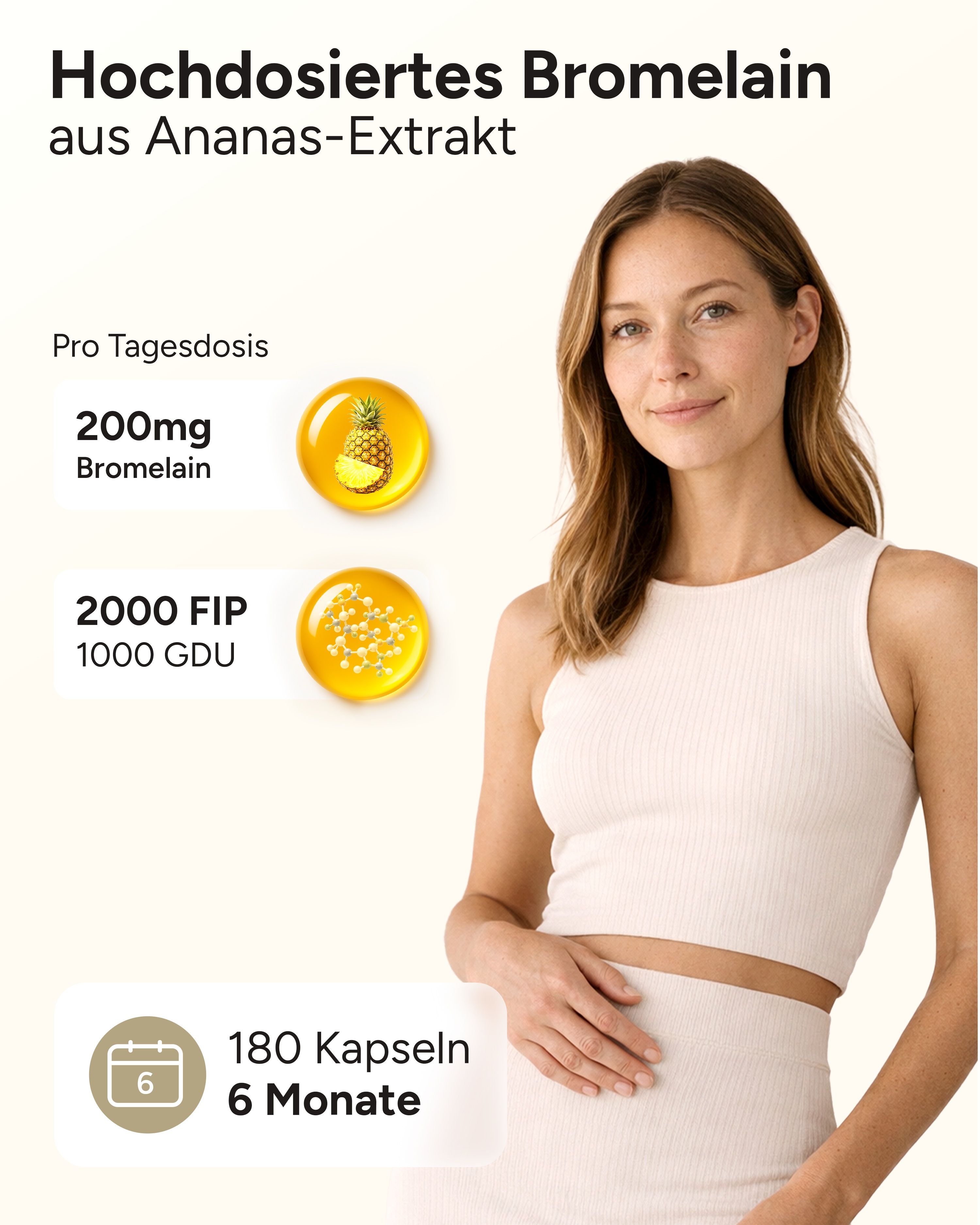 Grafik mit Informationen zu Bromelain. 200mg Bromelain, 2000 FIP, 180 Kapseln für 6 Monate. Frau im Hintergrund.