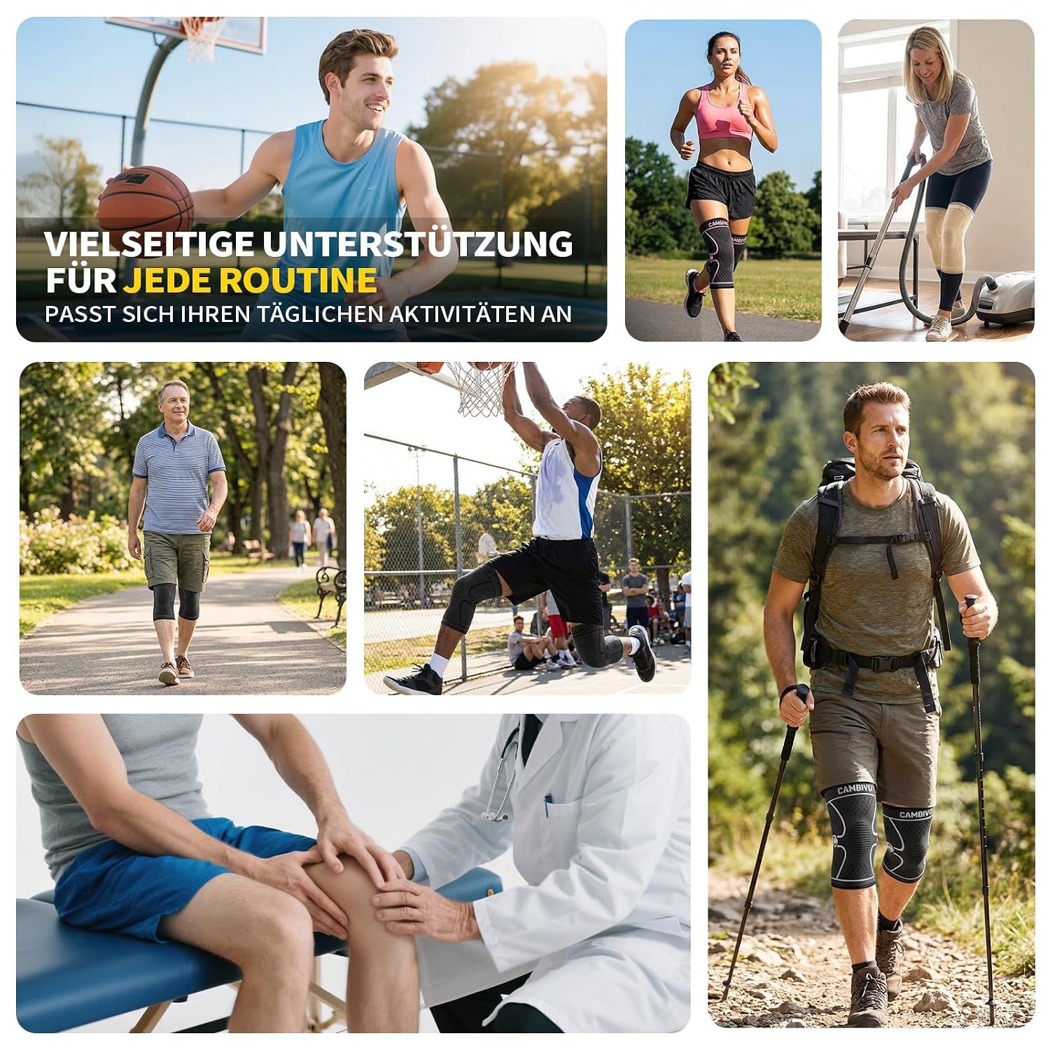 Collage zeigt Menschen bei verschiedenen Aktivitäten mit Kniebandagen.