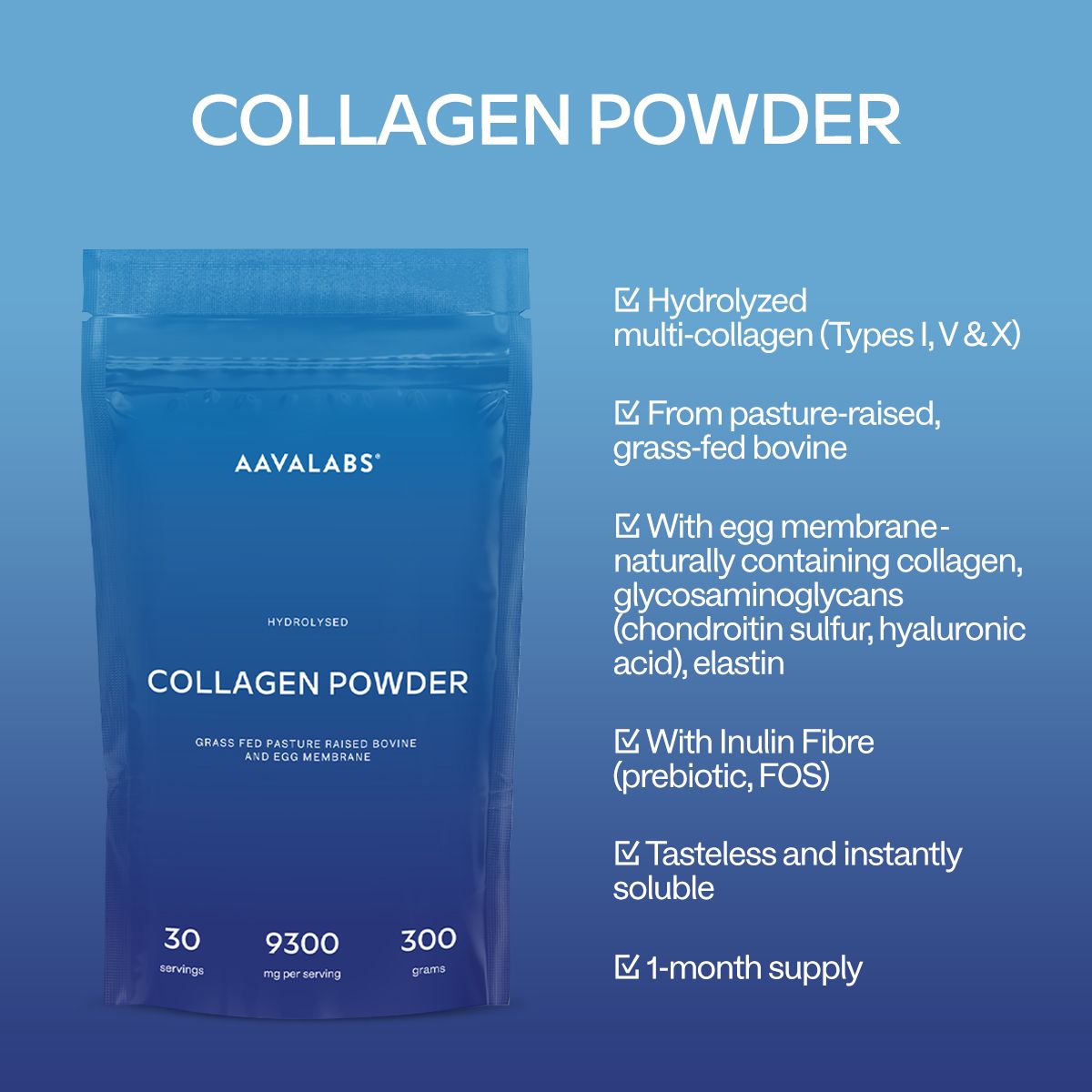Blaue Verpackung mit Kollagenpulver. Text: AAVALABS, Kollagenpulver, 9300 mg pro Portion, 30 Portionen. Inhaltsstoffe.
