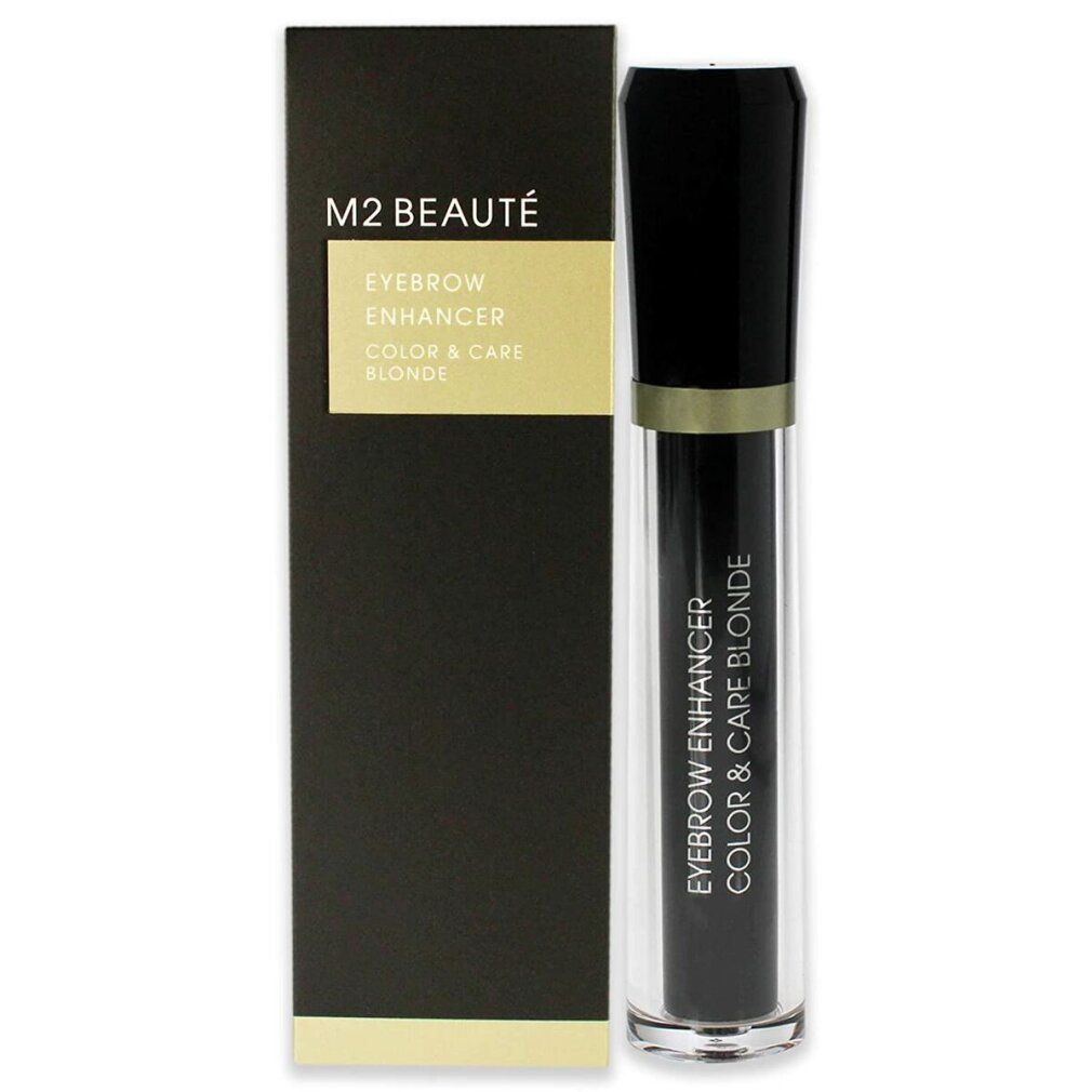 M2 Beauté Eyebrow Enhancer Color & Care, blonde. Schwarze Verpackung und Flakon. Schwarzer Deckel, transparente Hülse, blonde Farbe.