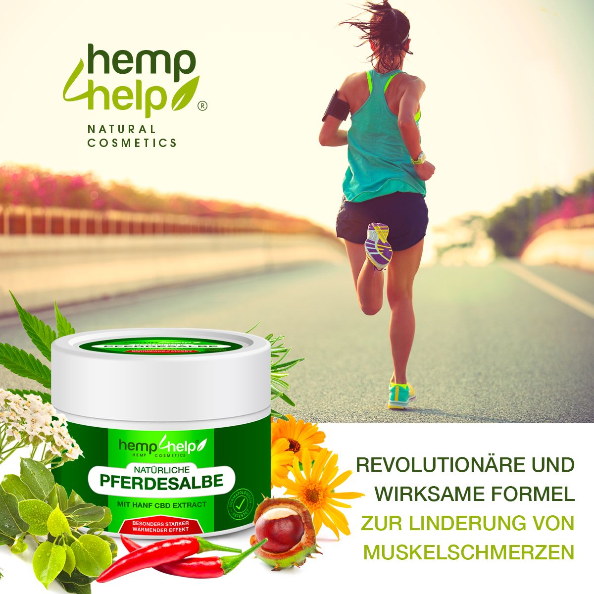 Läuferin mit Produkt und Pflanzen. Weißes Tiegel mit grünem Etikett. Text: NATÜRLICHE PFERDESALBE, 200ml. Logo: hemp4help. Text: Revolutionäre Formel.