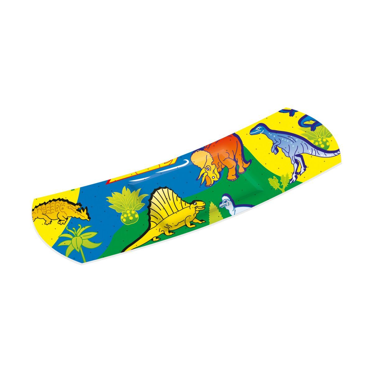 Einzelner WERO KunterBunt Pflasterstrip für Kinder mit bunten Dinosaurier-Motiven auf gelbem Grund.