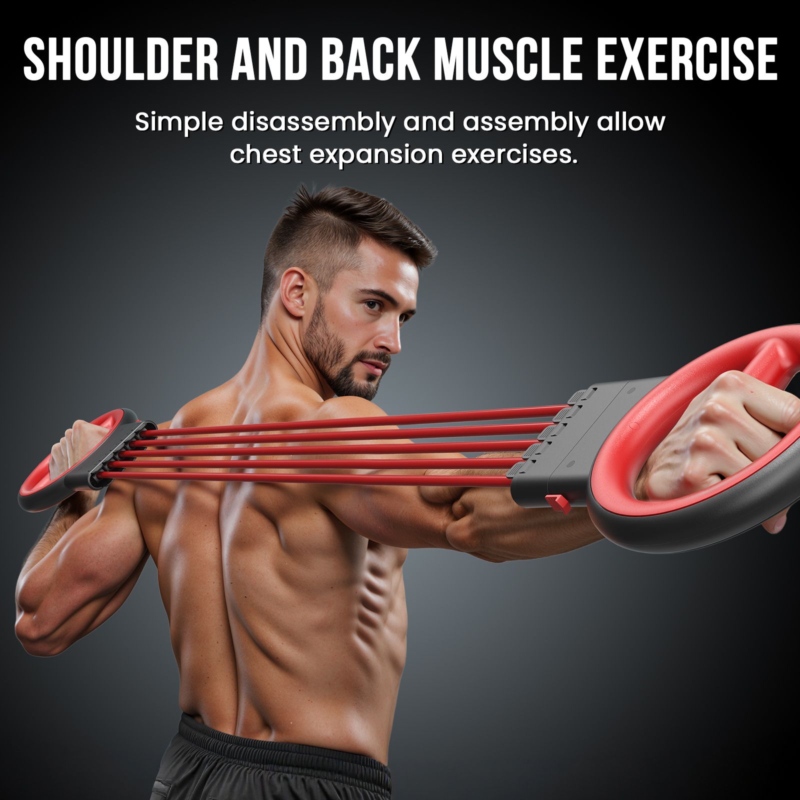 Gerät für Arme und Brust, schwarz-rot. Eine Person trainiert mit dem Gerät. Rote Bänder verbinden die Griffe.