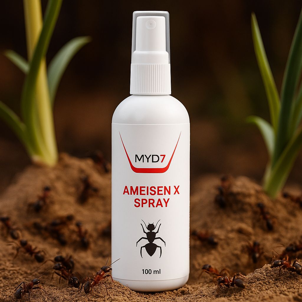 Weiße Sprühflasche mit roter und schwarzer Beschriftung. Enthält "MYD7", "AMEISEN X SPRAY" und ein Ameisensymbol. 100 ml. Im Hintergrund Ameisen.