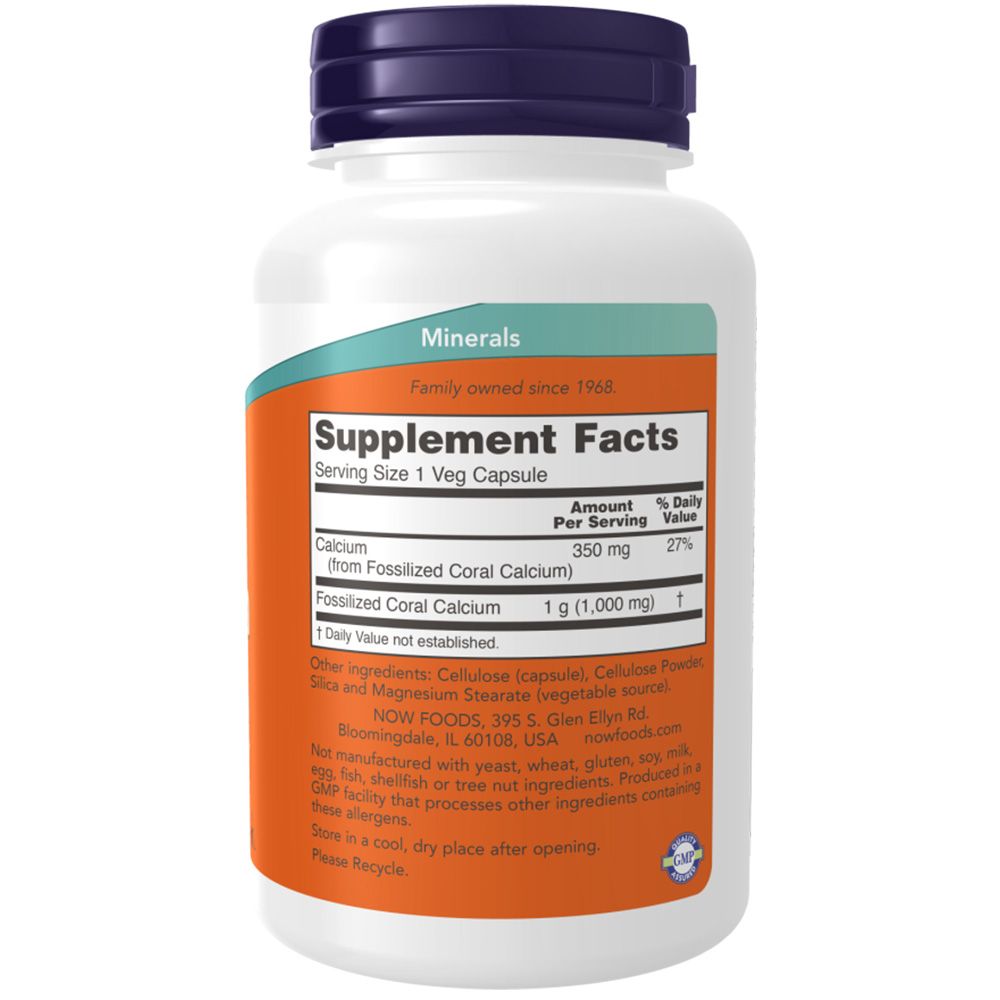 Weiße Flasche mit blauem Deckel. Etikett mit "Supplement Facts" und Inhaltsangaben. "NOW FOODS" und "Calcium" sind sichtbar.