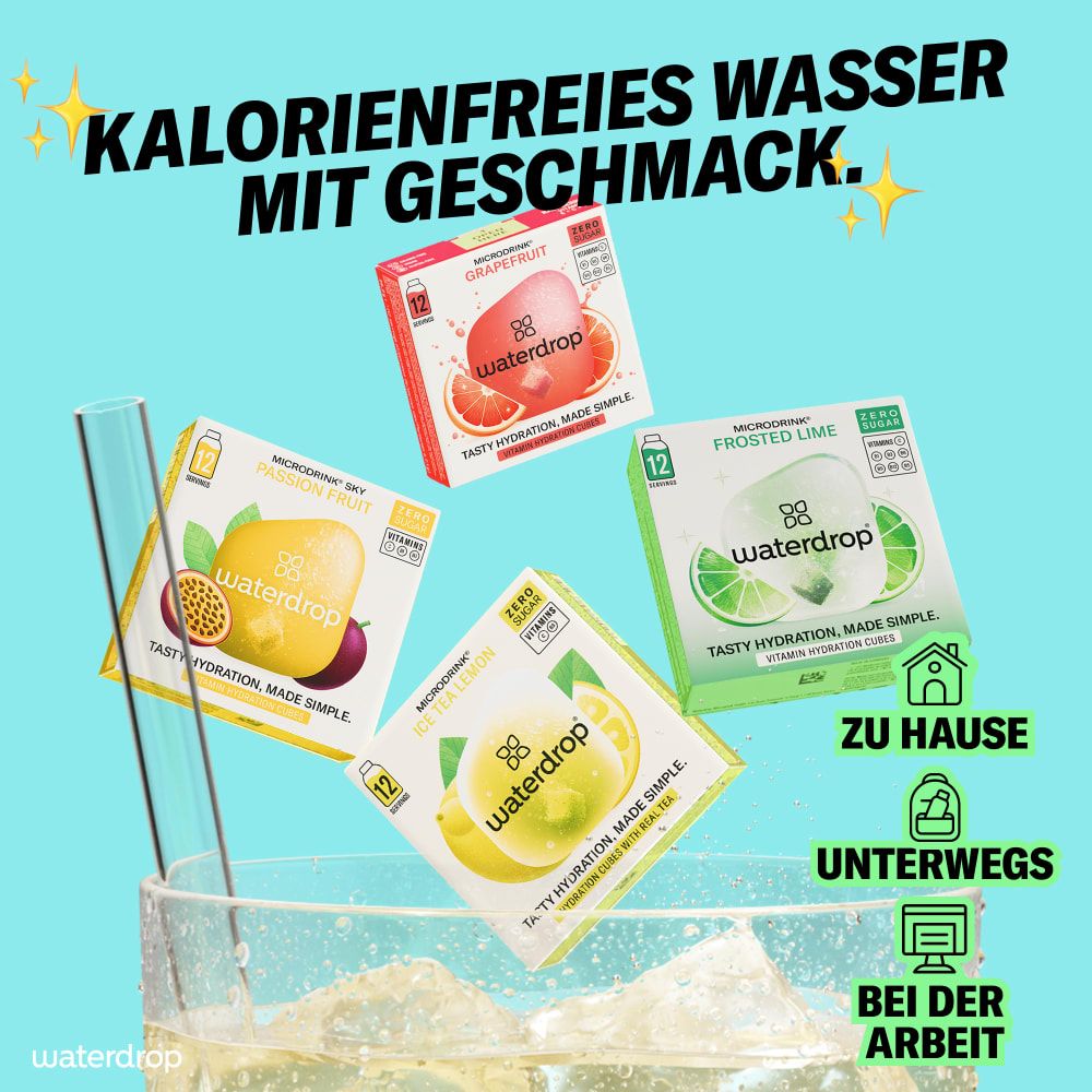Vier waterdrop®-Packungen. Sorten: Grapefruit, Frosted Lime, Lemon Sky, Lemon-Eistee. Text: Kalorienfreies Wasser mit Geschmack. Zu Hause, unterwegs, bei der Arbeit.