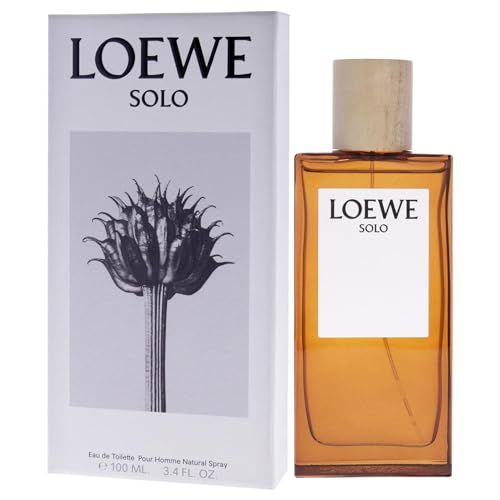 Loewe Solo Pour Homme Edt Spray Flakon und Verpackung. Rechteckiger Flakon mit Holzdeckel. Verpackung mit Logo und floralem Motiv.