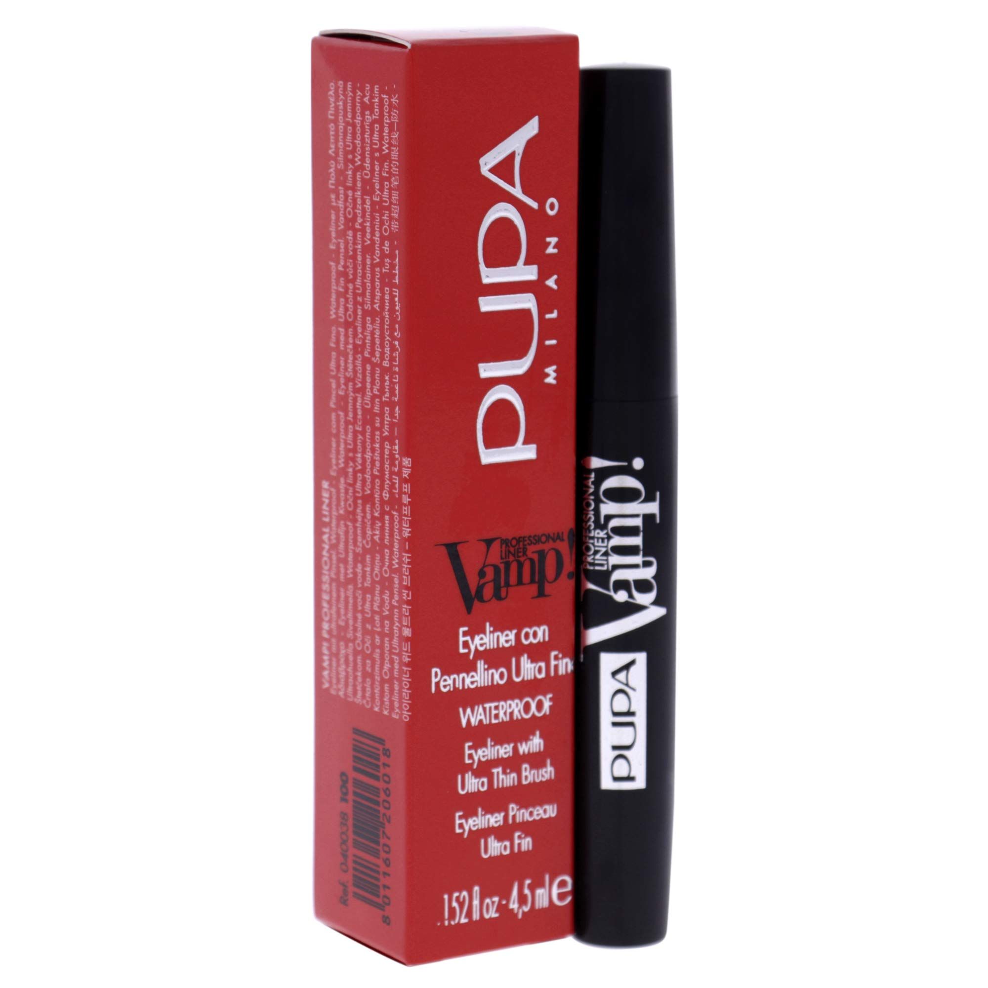 Schwarzer Eyeliner mit roter Verpackung. Auf der Verpackung steht Pupa Milano, Vamp! und Waterproof. Der Eyeliner hat einen feinen Pinsel.