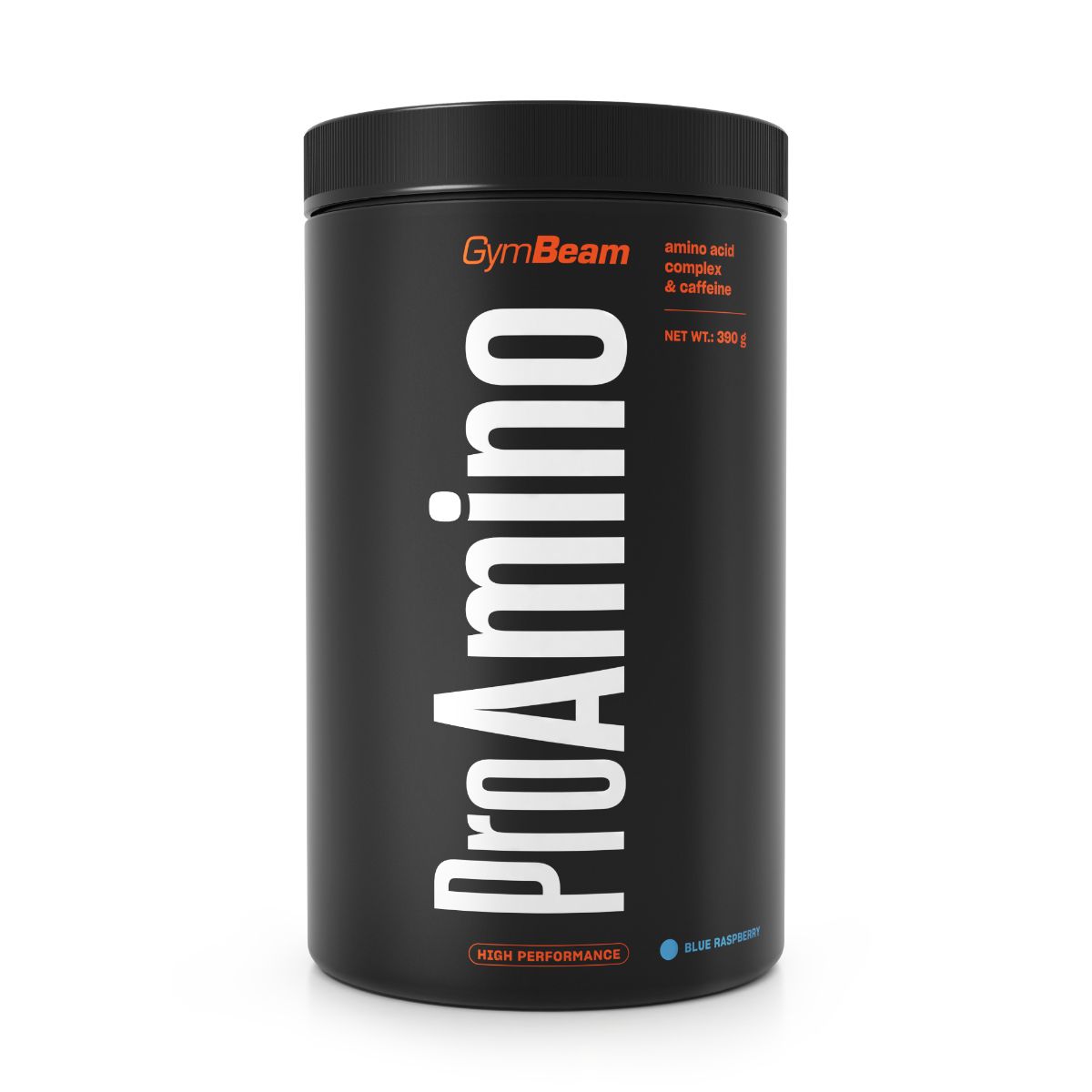 Schwarzer Behälter mit GymBeam ProAMINO Aminosäuren-Komplex Pulver, Geschmacksrichtung Blue Raspberry.