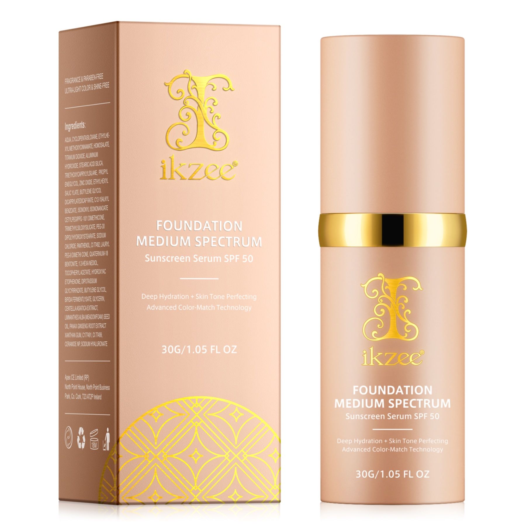 Beige Foundation-Tube und -Box. Aufschrift: Foundation Medium Spectrum, Sonnenschutz SPF 50. Marke: Ikzee.