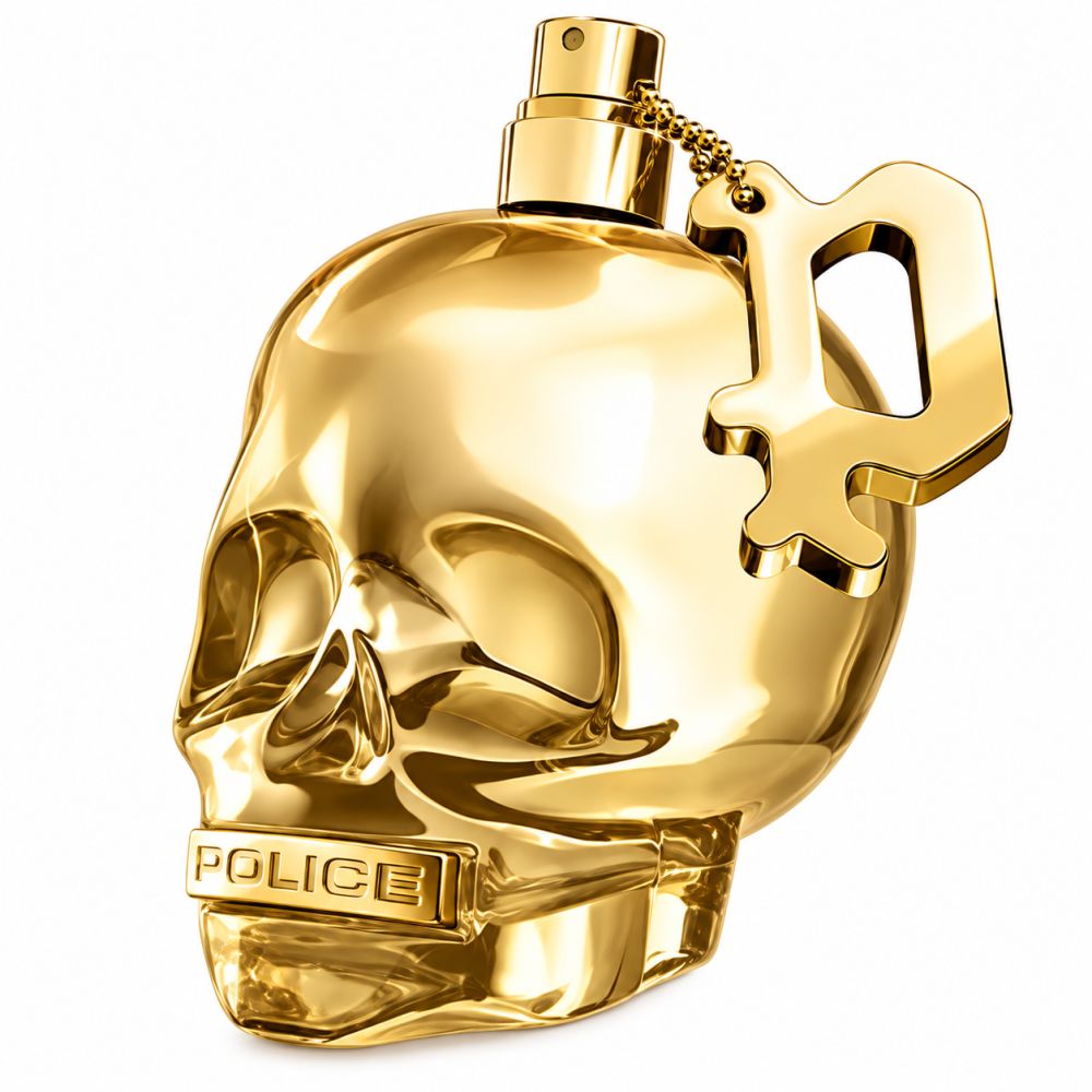 Goldener Totenkopf-Parfümflakon mit Anhänger.