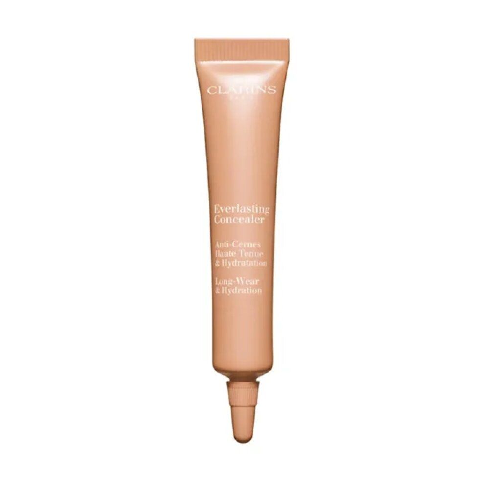 Hellbraune Concealer-Tube. Schriftzug: Clarins, Everlasting Concealer. Anti-Cernes, Haute Tenue & Hydratation. Long-Wear & Hydration.
