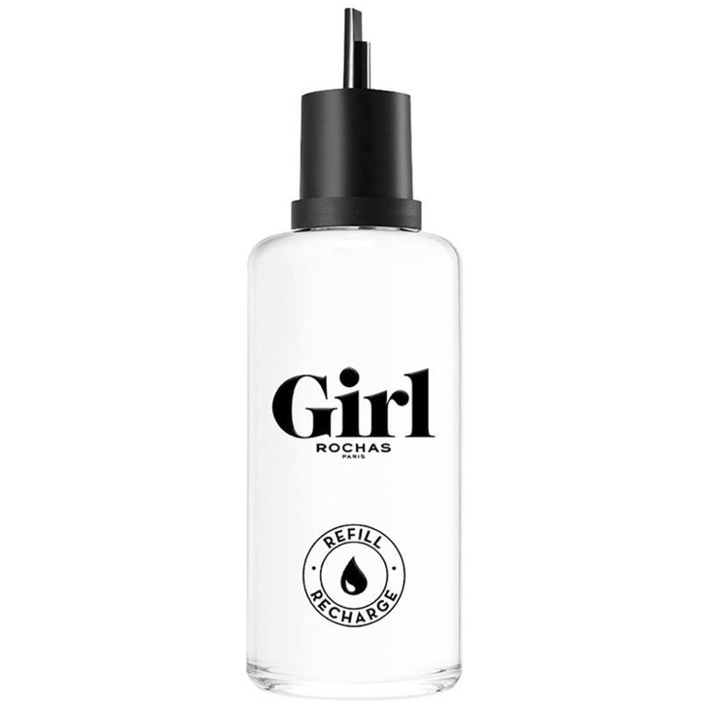 Girl Eau de Toilette. Weißes Glas, schwarzer Verschluss. Text: Girl, Rochas, Refill Recharge. Runde Form, schwarzer Verschluss.
