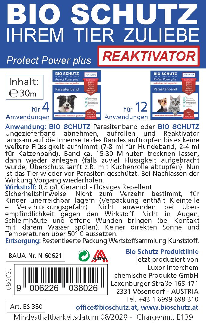 Produktetikett mit Text: BIO SCHUTZ, REAKTIVATOR. Enthält Informationen zu Anwendung, Inhaltsstoffen und Hersteller.