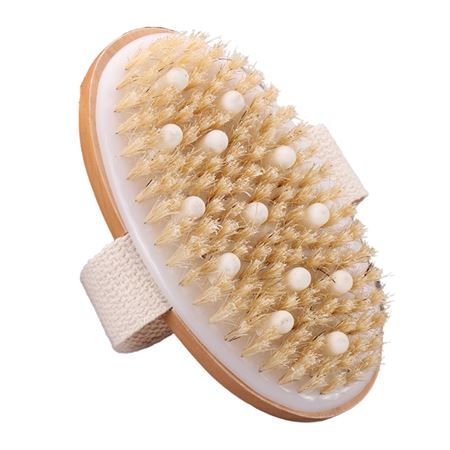 Ovaler Massagebürste mit Naturborsten und Noppen, mit Handgriff.