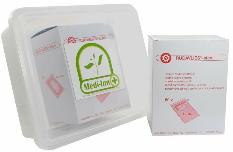 Verpackung mit Wundpflastern. Box mit Aufschrift RUDAVLIES-steril. In transparenter Box. Logo Medi-Inn.