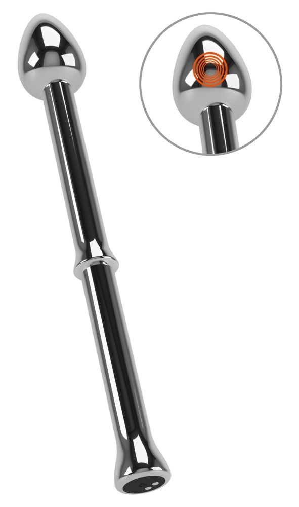 Metall-Stimulator mit spitz zulaufendem Ende und Vibrationssymbol. Griffstück mit Ring.