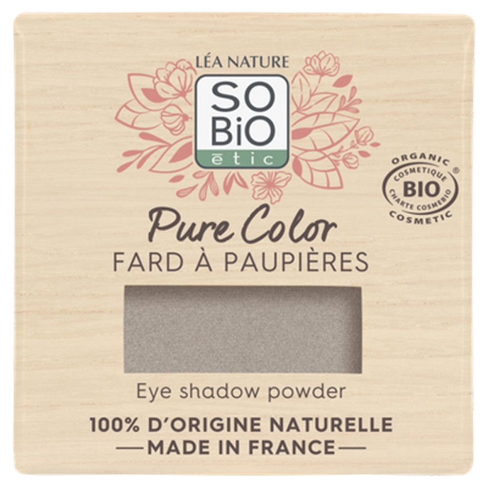 SO'BiO étic Pure Color Lidschatten. Rechteckige Verpackung mit grauem Lidschatten. Bio-Zertifizierung. Hergestellt in Frankreich.