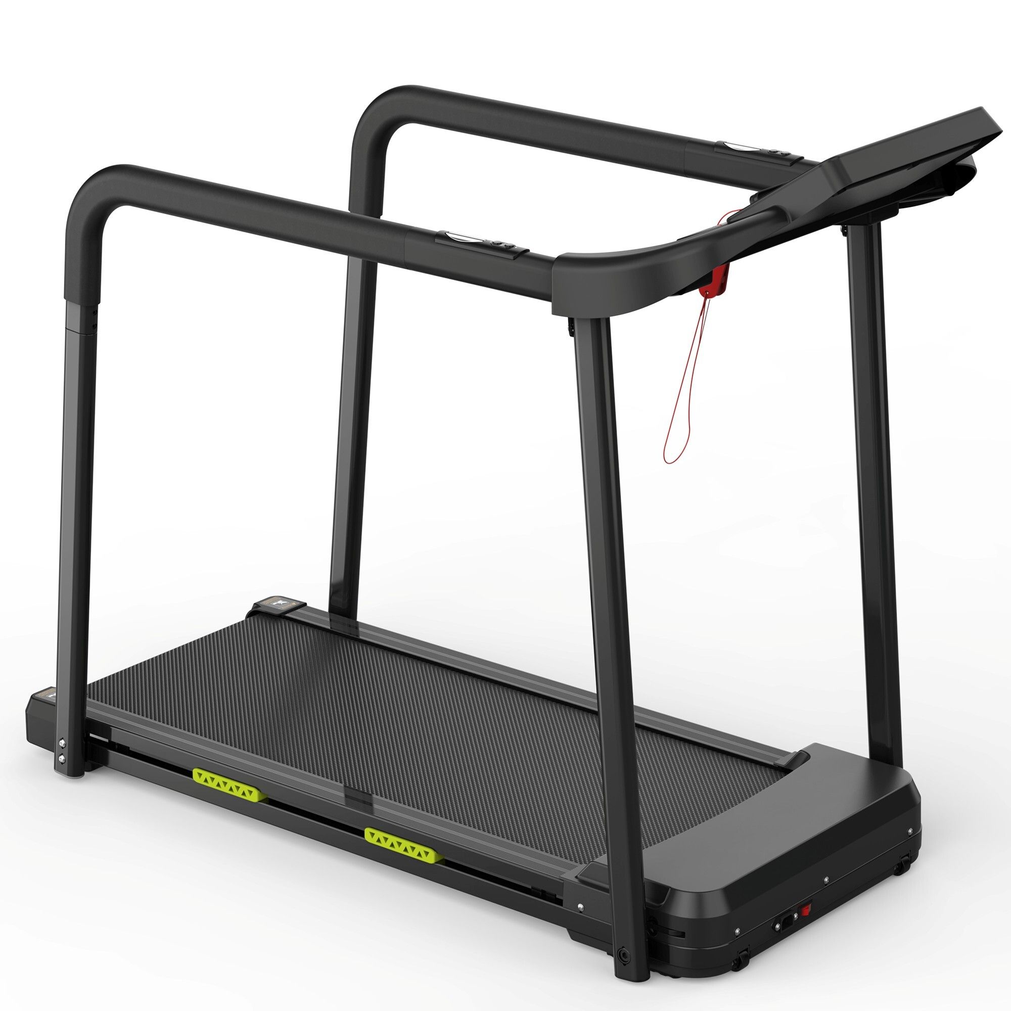 Schwarzes Laufband mit langem Handlauf. Großes LCD-Display. Für Senioren. Perspektivische Ansicht.