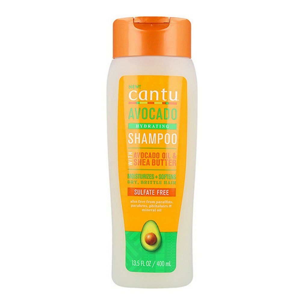 Cantu Avocado Hydrating Shampoo. Weiße Flasche mit orangefarbenem Deckel. Produktname und Avocado-Illustration auf dem Etikett.