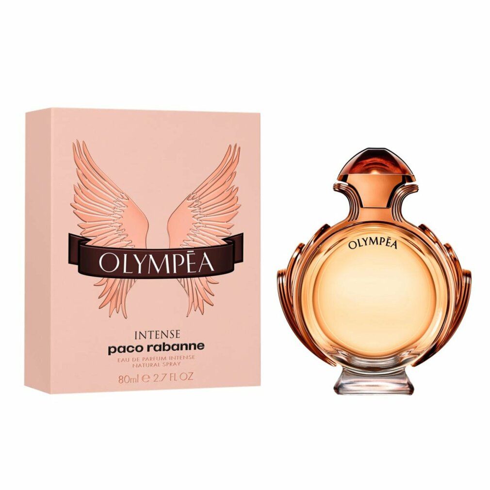 Parfümflakon und Verpackung. Flakon: Olympea, goldfarben. Verpackung: rosa, Olympea Intense, Paco Rabanne.