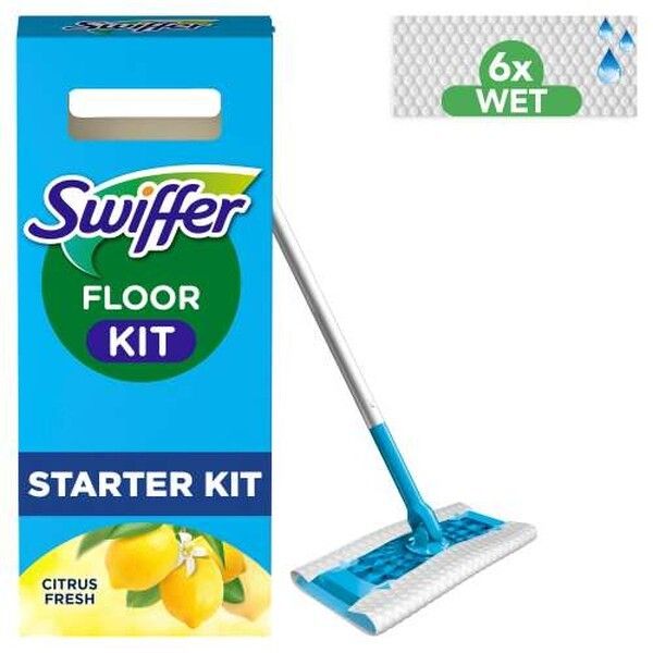 Swiffer Bodenwischer-Set mit Stiel und Wischtuch, "Citrus Fresh" Aufdruck.