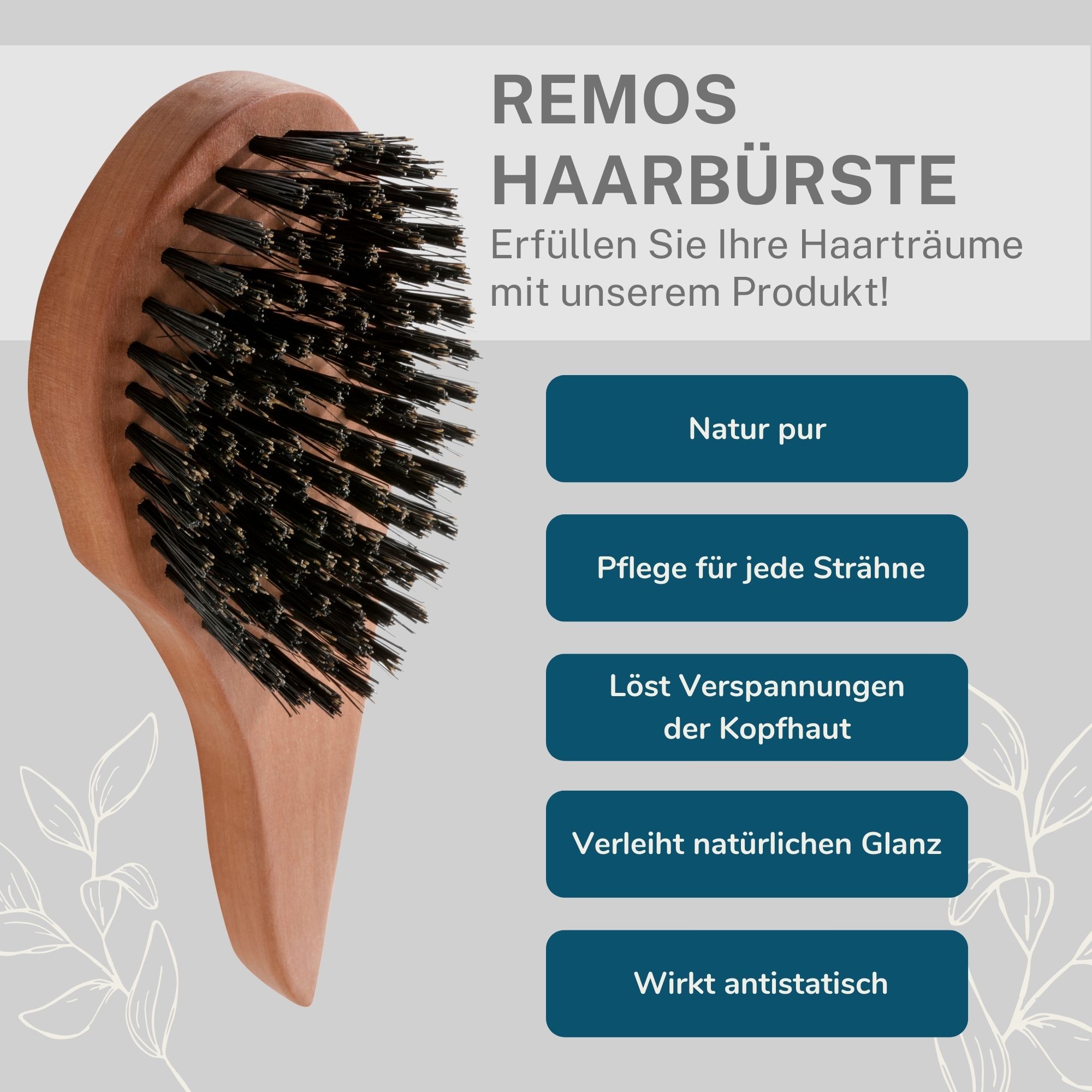 REMOS Haarbürste mit 100% Wildschweinborsten und ergonomischem Griff aus Birnbaumholz.