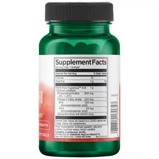 Rückseite einer grünen Flasche mit Kapseln. Aufschrift: Nährwertangaben, 100% reines Superba2 Krillöl, 1 g pro Softgel.