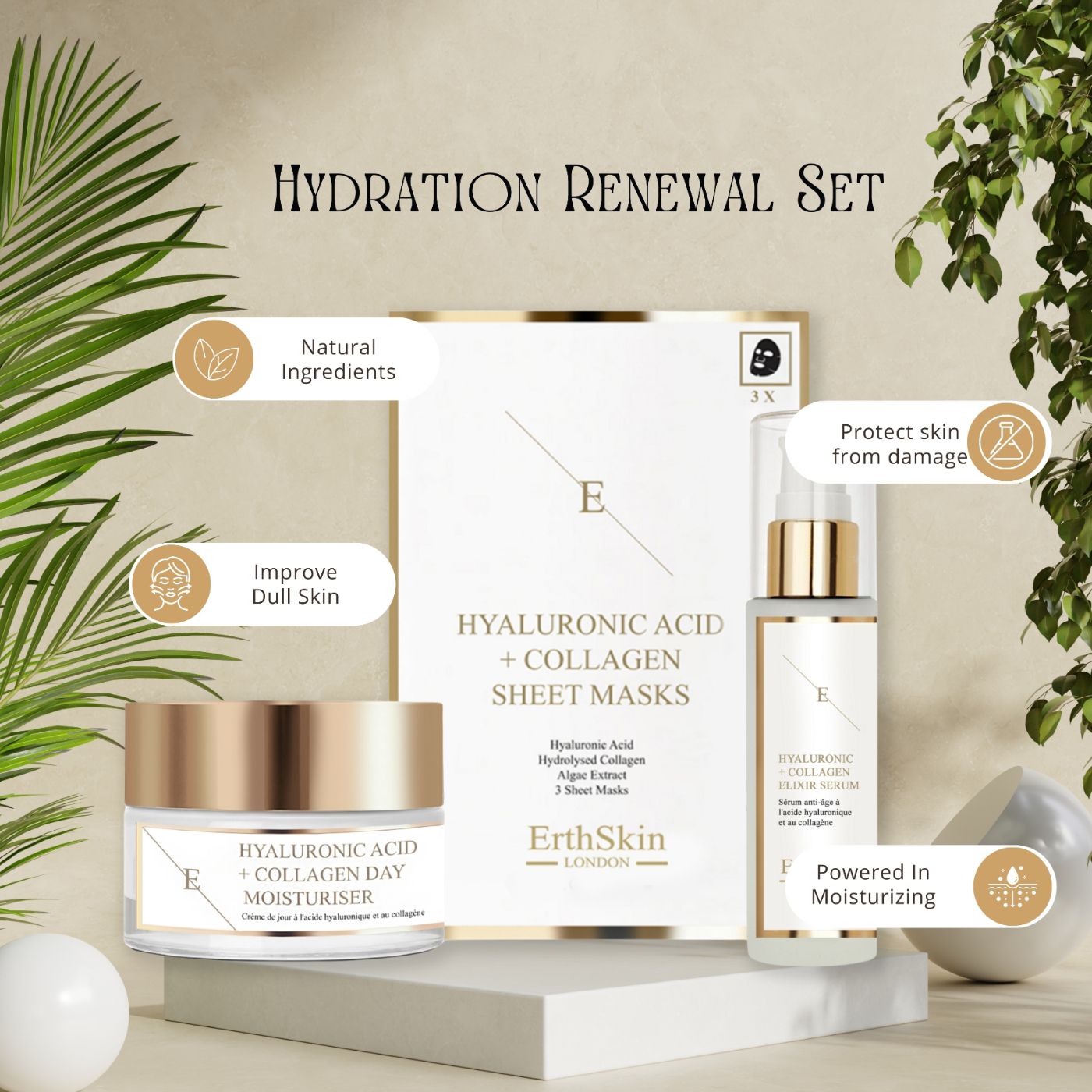 ErthSkin London Hydration Renewal Set: Tagescreme, Serum und 3 Sheet Masks.
