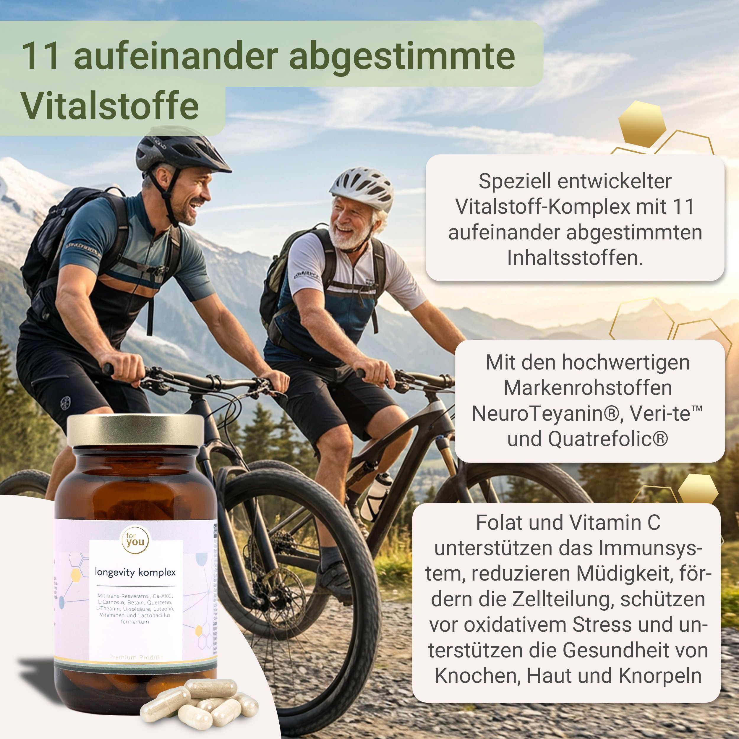 Zwei Männer auf Fahrrädern, eine Flasche Longevity Komplex im Vordergrund. Text über 11 Vitalstoffe.