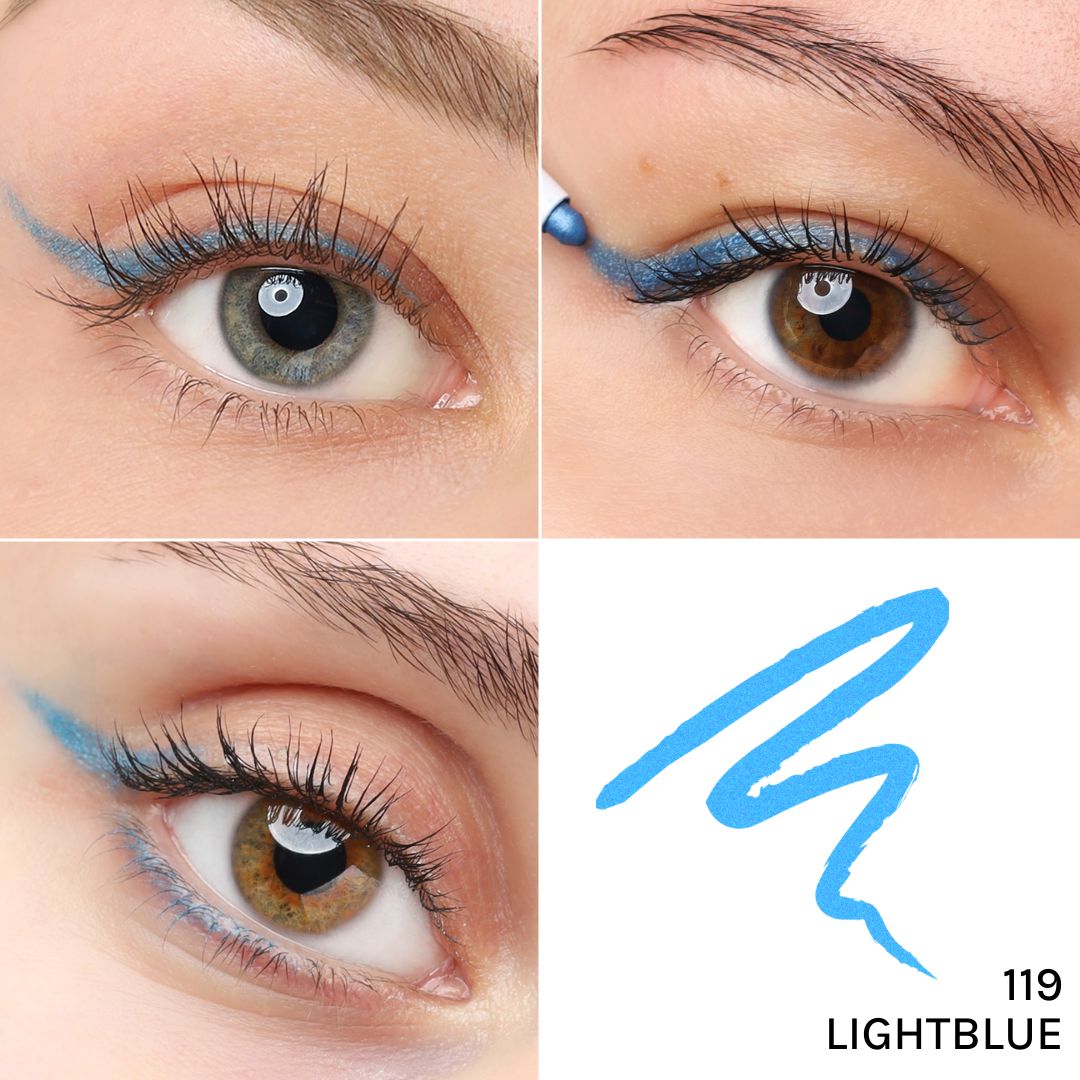 Vier Nahaufnahmen von Augen mit hellblauem Kajal-Eyeliner. Der Eyeliner ist auf dem oberen Augenlid aufgetragen.