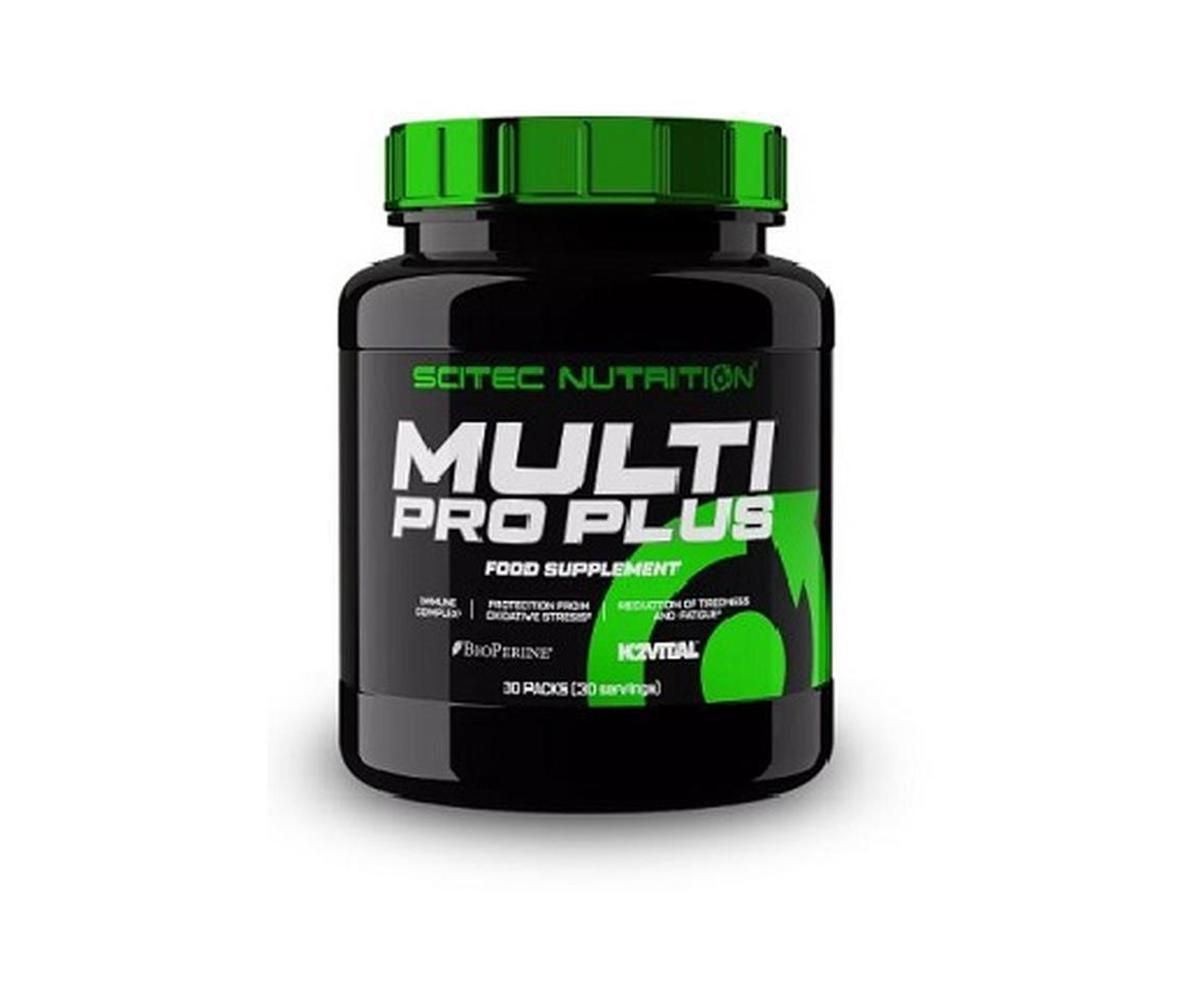 Schwarze Dose mit grünem Deckel. Aufschrift: Scitec Nutrition Multi Pro Plus. Enthält 30 Packungen.