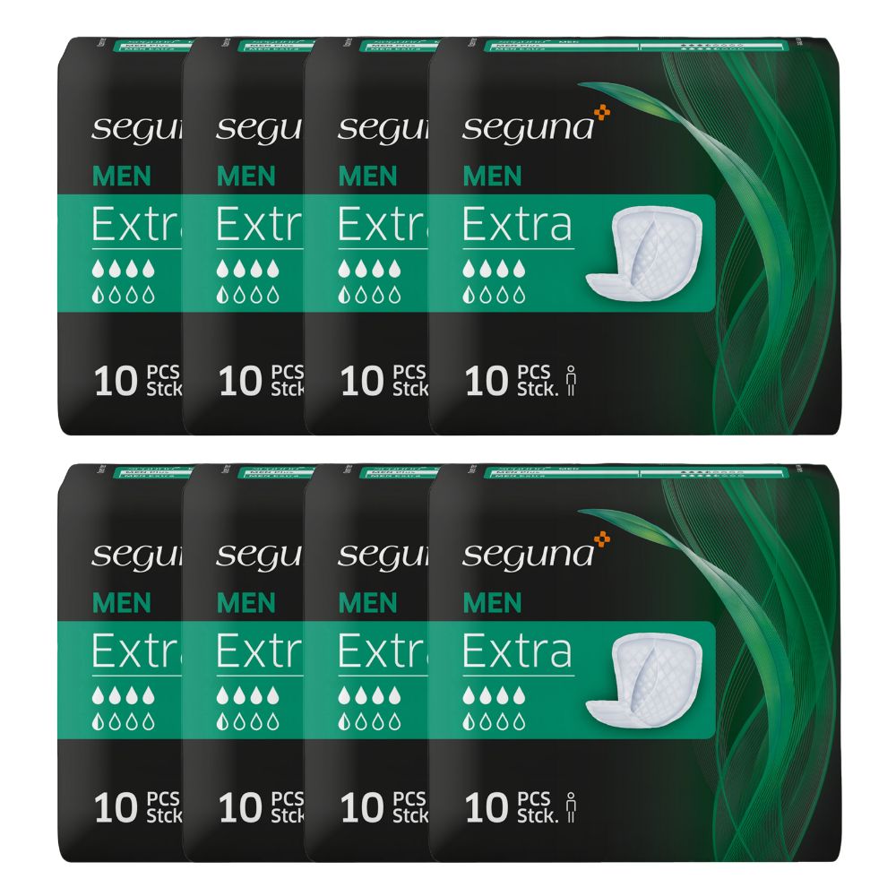 Mehrere Packungen SEGUNA MEN Extra. Schwarze Verpackung mit grünen Akzenten. Zehn Stück pro Packung. Sichtbar sind Einlagen.