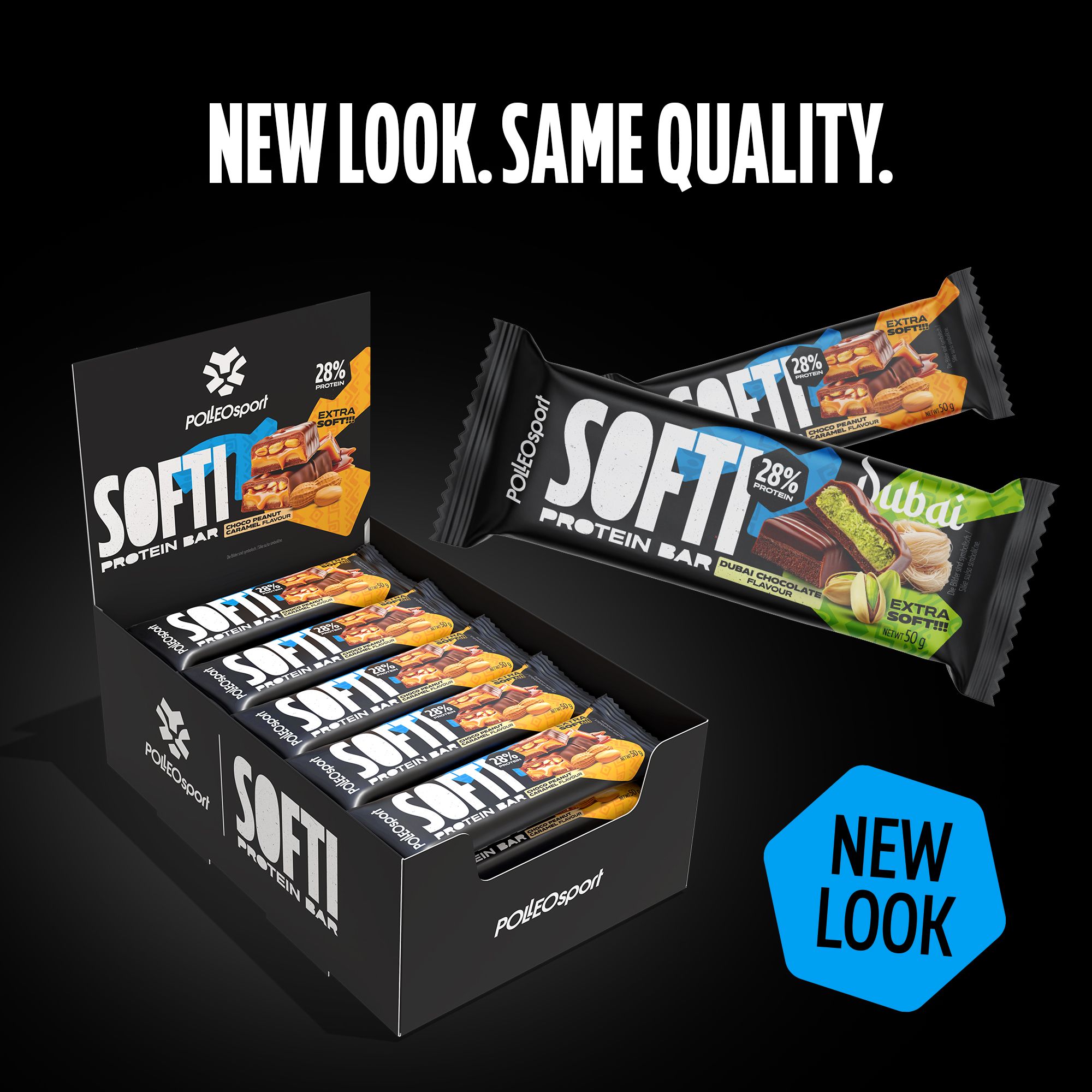Proteinriegel-Display mit verschiedenen Geschmacksrichtungen. Text: SOFTI PROTEIN BAR, PolleoSport. Aufschrift: NEW LOOK.