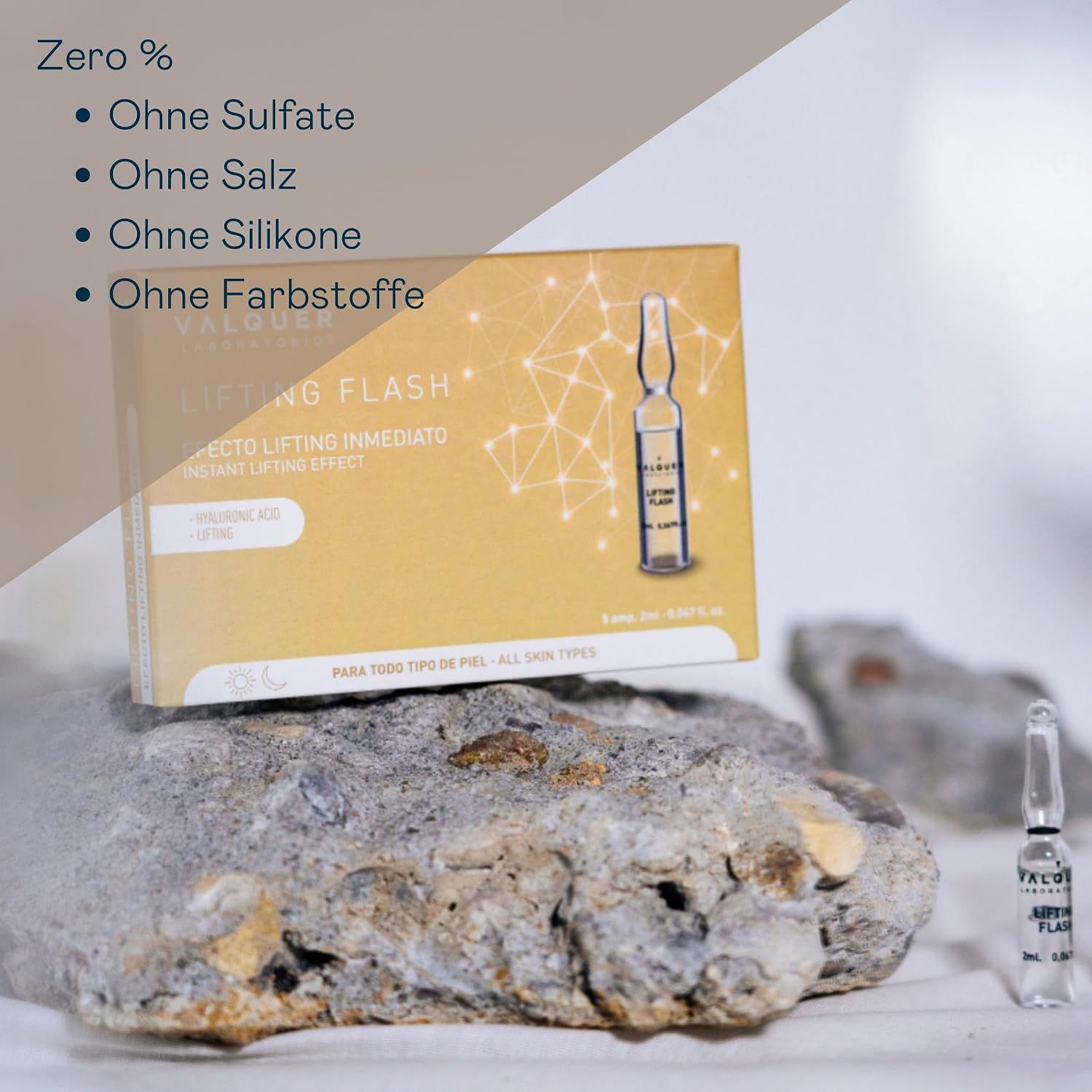 VALQUER LABORATOIRES Lifting Flash Ampullen: Sofortiger Lifting-Effekt mit Hyaluronsäure. Ohne Sulfate, Salz, Silikone, Farbstoffe.
