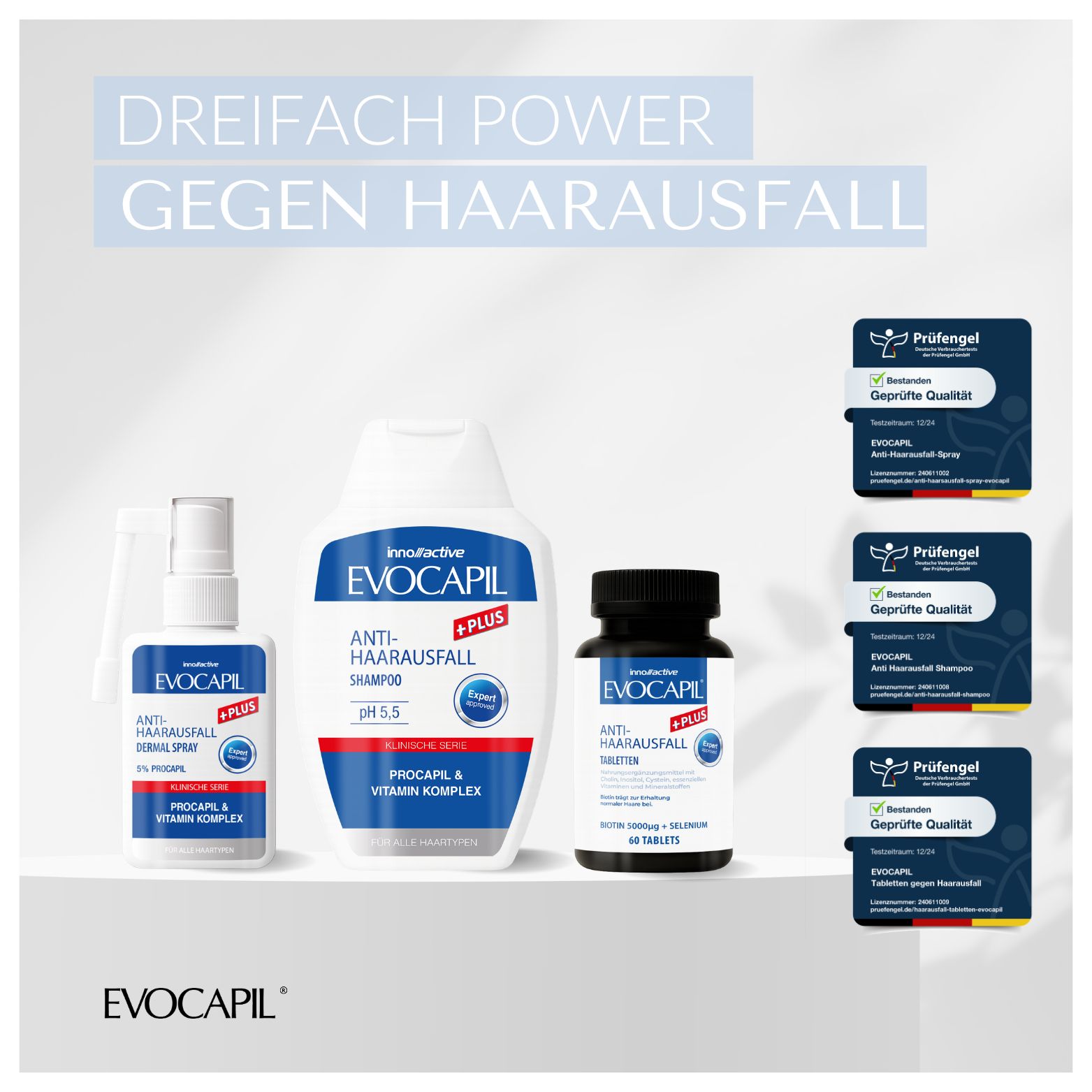 Evocapil Plus Produkte: Shampoo, Spray und Tabletten gegen Haarausfall.