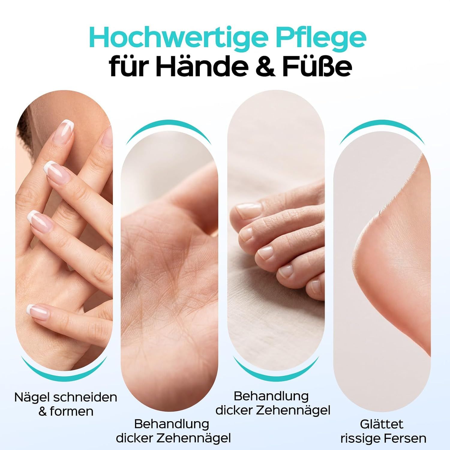 Vier Bilder zeigen Hände und Füße für Nagelpflege: Nägelschneiden, dicke Zehennägel, rissige Fersen.