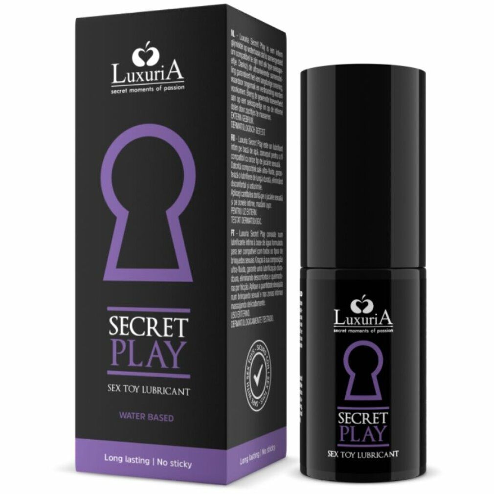 Schwarze Flasche und Schachtel mit Logo und Text. Aufschrift: Secret Play, Sex Toy Lubricant. Wasserbasiert.