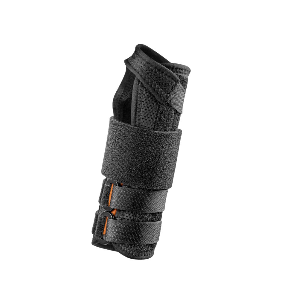Schwarze Handgelenkbandage mit Klettverschlüssen und orangefarbenen Akzenten.