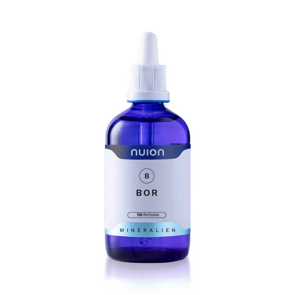 Blaue Tropfflasche mit Etikett "nuion BOR 100 Portionen".