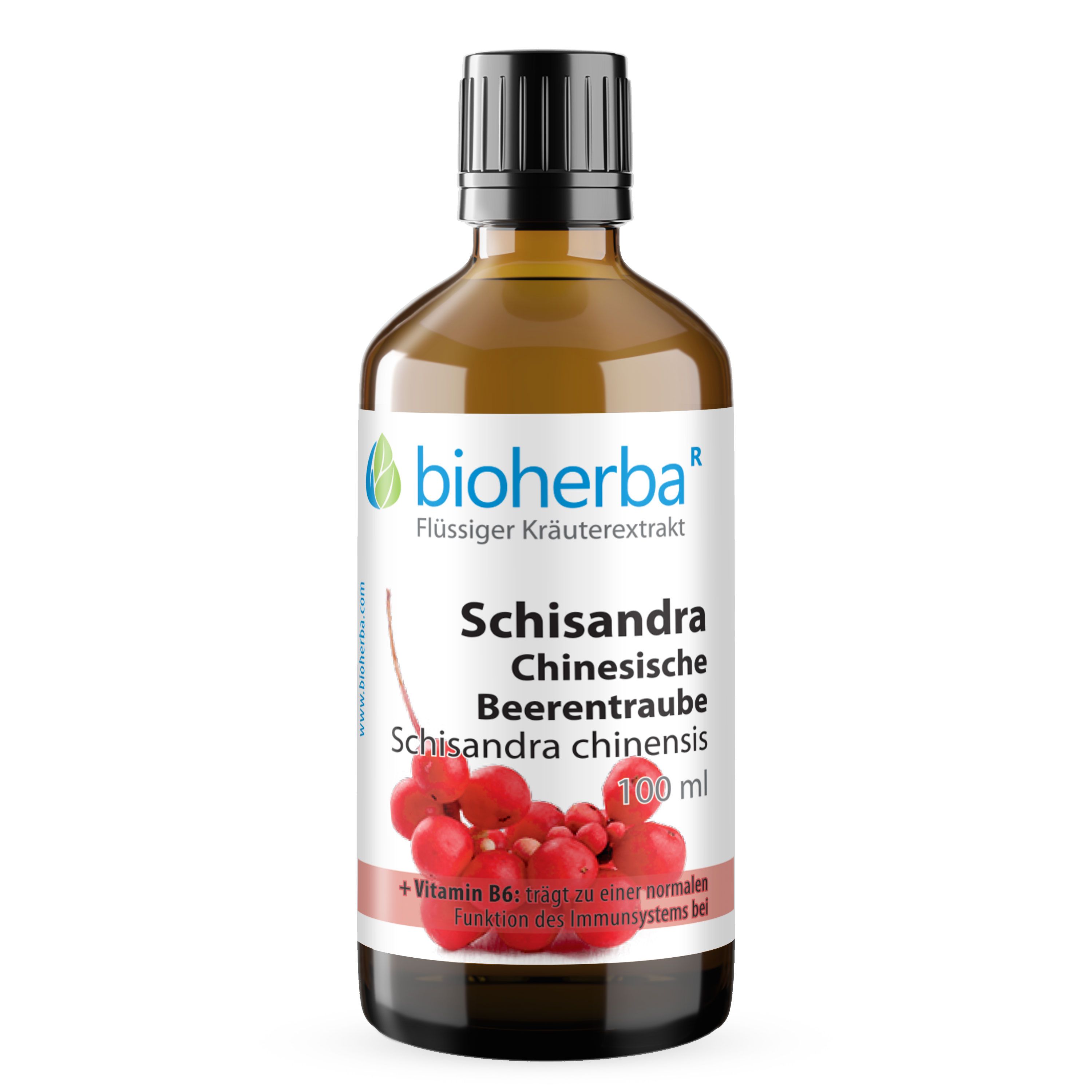 Braune Glasflasche mit schwarzem Deckel. Etikett mit Produktnamen und Logo. Bioherba Schisandra Chinesische Beerentraube.