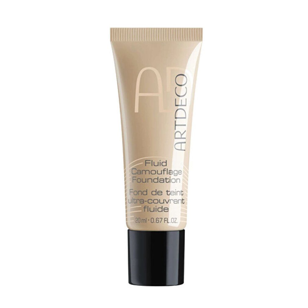 Beige Tube mit schwarzem Deckel. Aufschrift: ARTDECO, Fluid Camouflage Foundation, Fond de teint ultra-couvrant fluide.