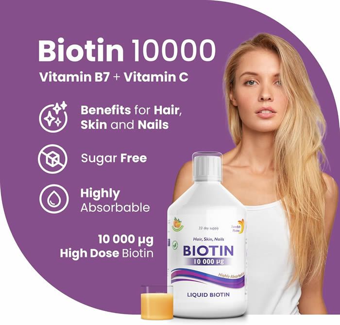 Weißes Flasche Swedish Nutra® Biotin. Aufschrift: Biotin 10000, Vitamin B7 + C. Vorteile für Haare, Haut und Nägel. Mit Glas.