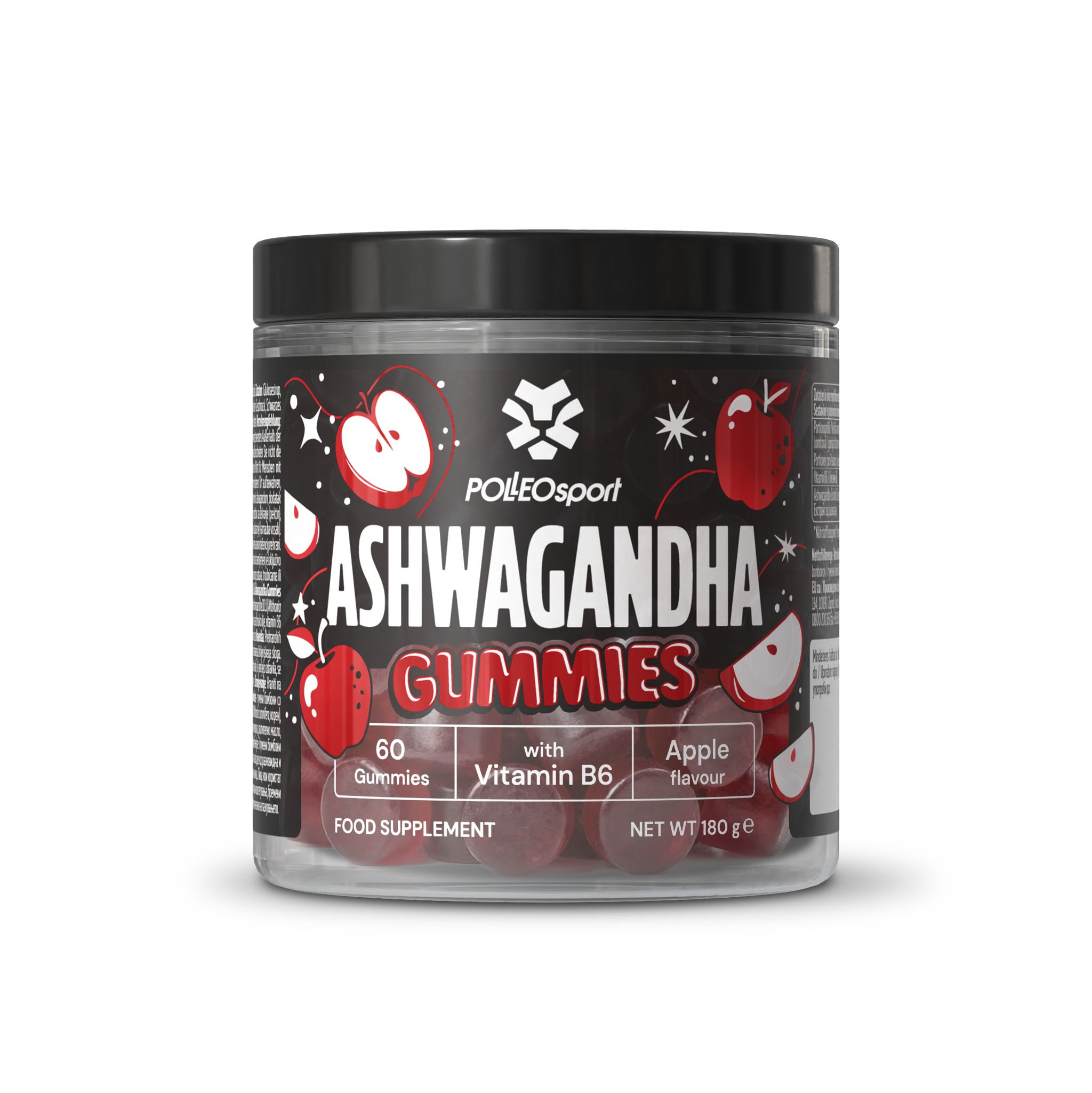 Runde Dose mit schwarzen Deckel. Aufschrift: ASHWAGANDHA GUMMIES, 60 Gummies, Vitamin B6, Apfelgeschmack. Marke: POLLEOsport.