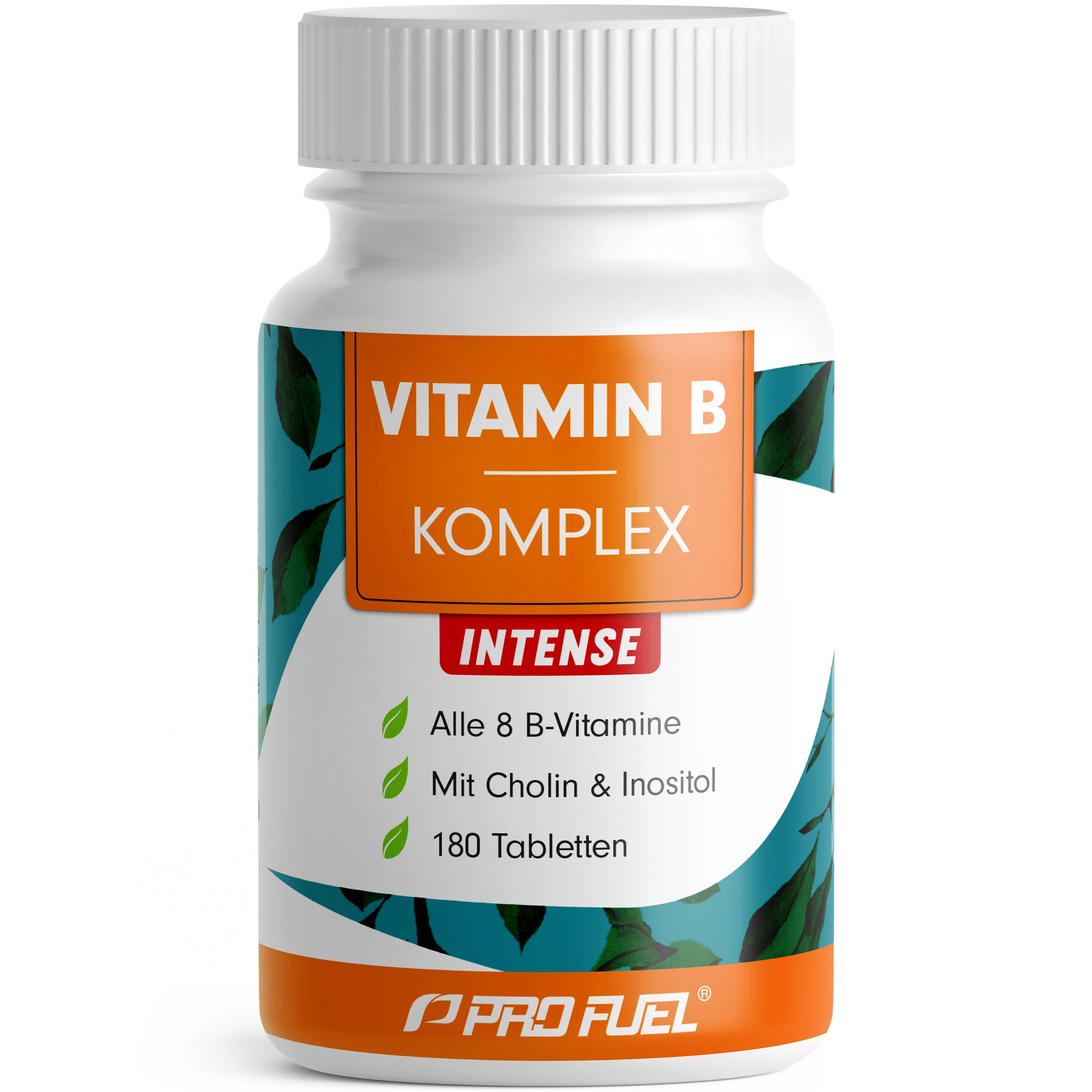 Weiße Flasche Vitamin B Komplex Intense. Orangefarbenes Etikett mit grünen Blättern. 180 Tabletten. ProFuel Logo.