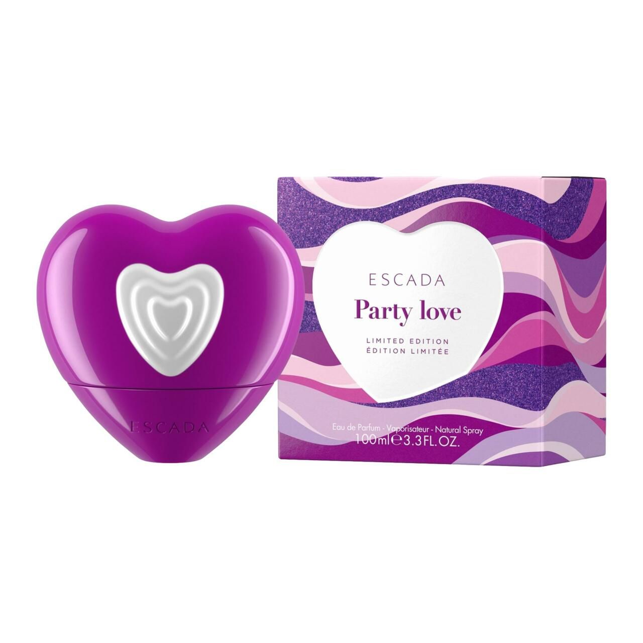 Lila herzförmiger Flakon und Verpackung. Auf der Verpackung steht ESCADA Party Love. Natürliches Spray.